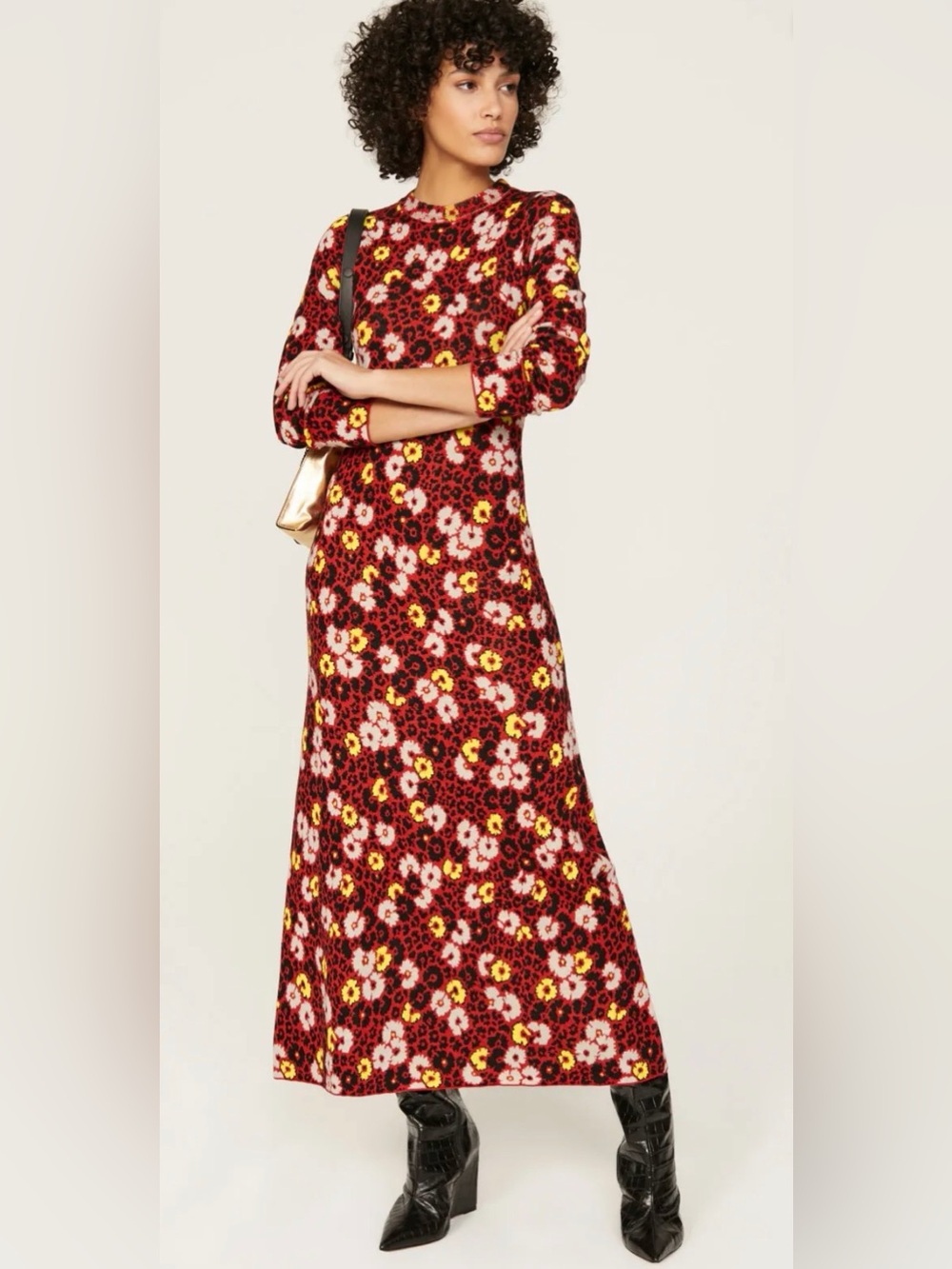 The Kooples Floral Knit Maxi Dress in Red & Yellow, XL